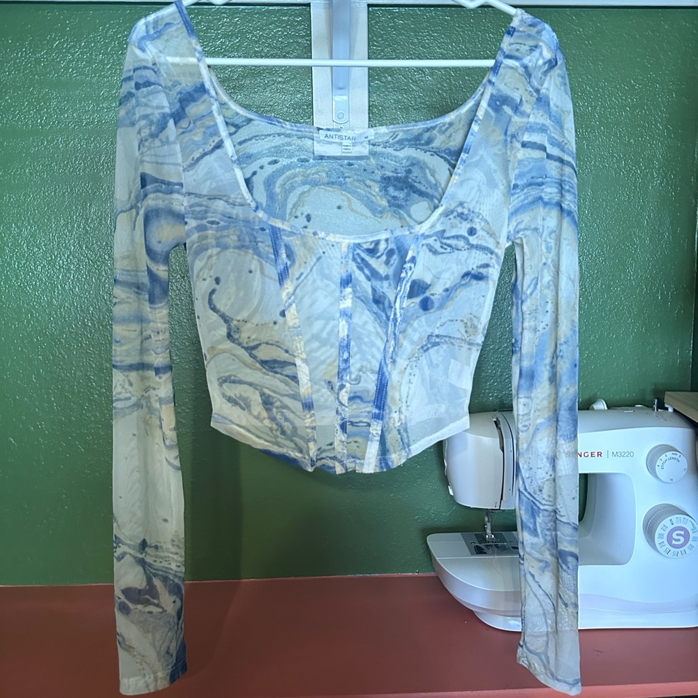 Anthropologie Blue and Cream Marble Blouse